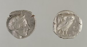 Both sides of a Drachma, featuring the head of Athena and an Owl, from Athens by Greek